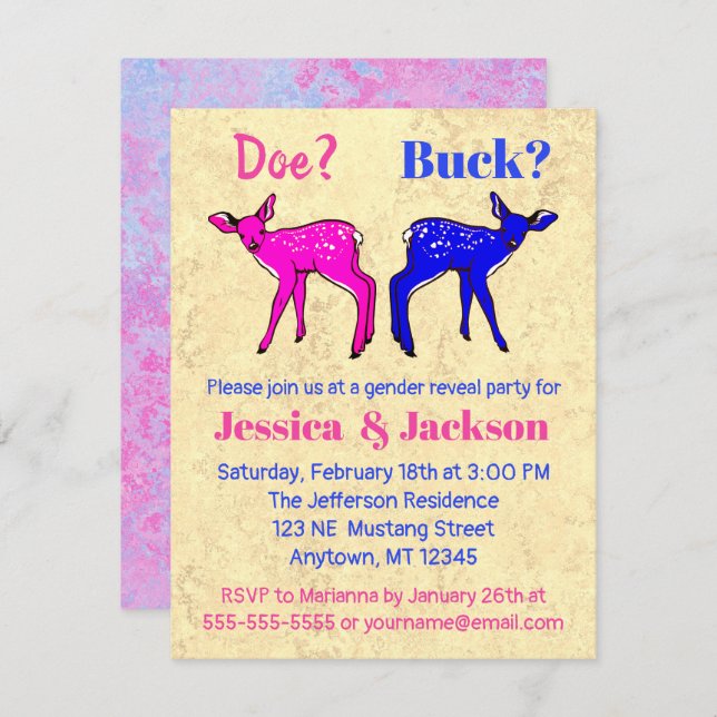 Cute Pink and Blue Fawns Gender Reveal Invitation (Front/Back)