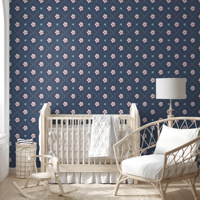 Cute Pink And Blue Flower Plaid On Blue-Gray Wallpaper (Kids)