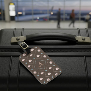 Cute Pink And Blue Flower Plaid On Brown Luggage Tag