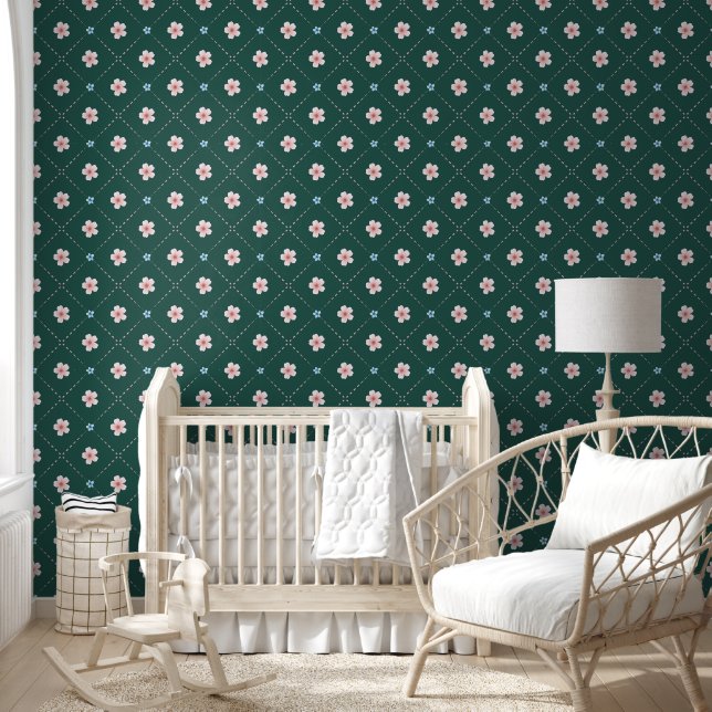 Cute Pink And Blue Flower Plaid On Dark Teal Wallpaper (Kids)