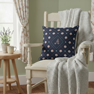 Cute Pink And Blue Flower Plaid Pattern On Blue Throw Pillow