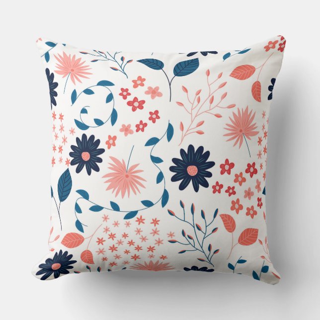 Cute pink and blue flowers pattern throw pillow (Front)