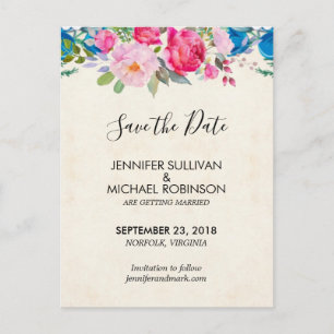 Cute Pink and Blue Flowers  Wedding Save the Date Postcard