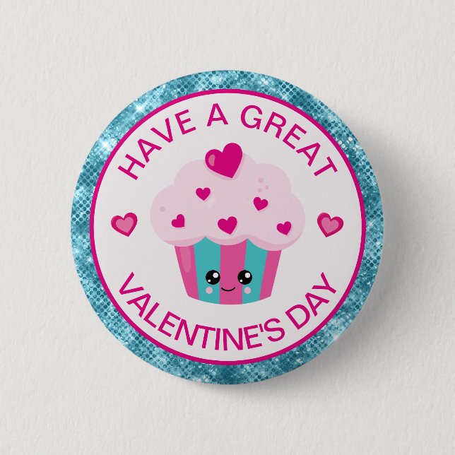 Cute Pink and Blue Heart Cupcake Valentine's Day Button (Front)