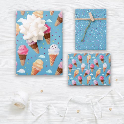Cute Pink and Blue Ice Cream Cone Wrapping Paper Sheets