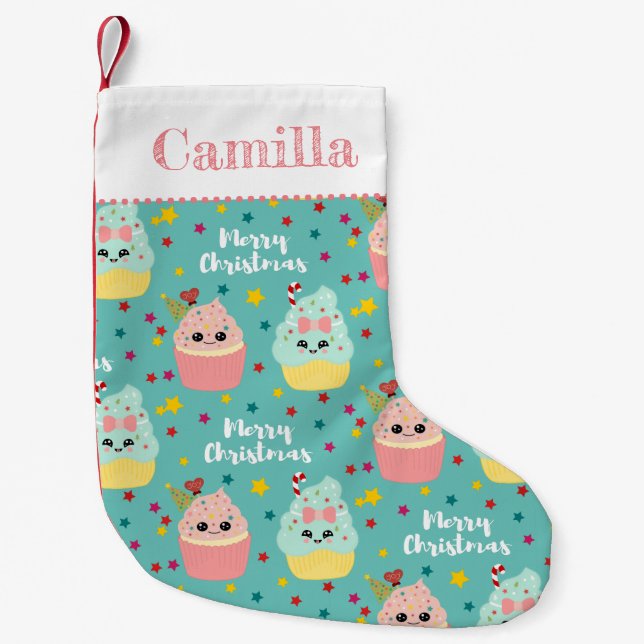 Cute Pink and Blue Kawaii Christmas Cupcakes Girls Small Christmas Stocking (Front)