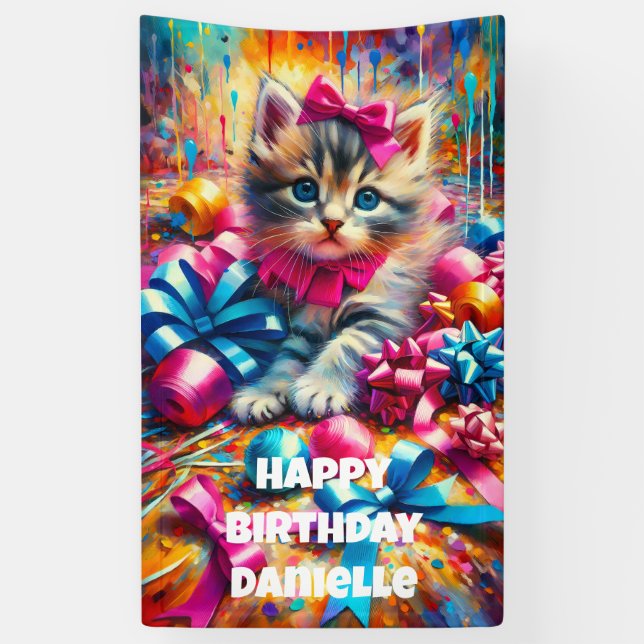 Cute Pink and Blue Kitten Girl's Birthday Banner (Vertical)