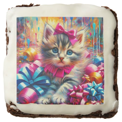 Cute Pink and Blue Kitten Girls Birthday Brownie