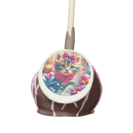 Cute Pink and Blue Kitten Girl's Birthday Cake Pops (Front)