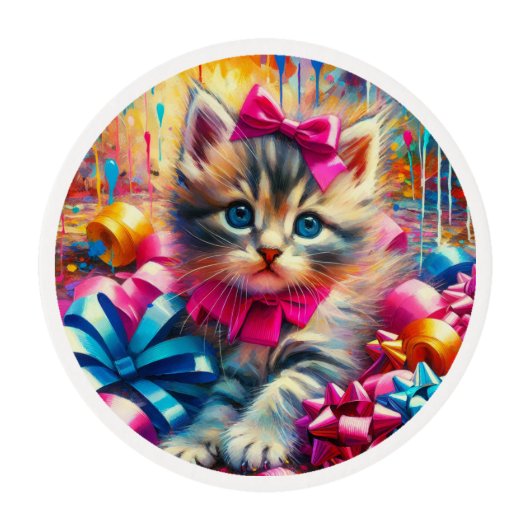 Cute Pink and Blue Kitten Girl's Birthday Edible Frosting Rounds (Front)