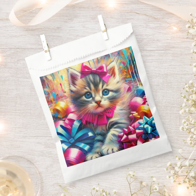 Cute Pink and Blue Kitten Girl's Birthday Favor Bag (Clipped)