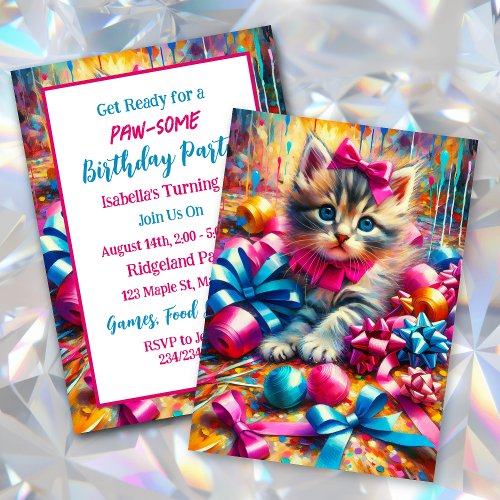 Cute Pink and Blue Kitten Girls Birthday Invitation