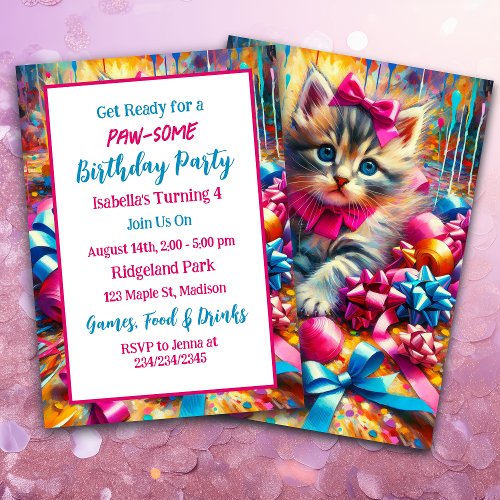 Cute Pink and Blue Kitten Girls Birthday Invitation