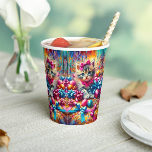 Cute Pink and Blue Kitten Girls Birthday Paper Cups