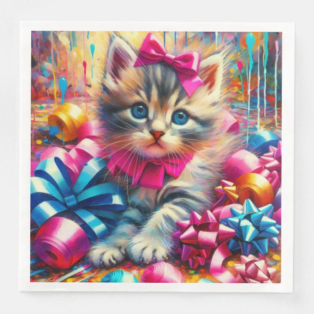 Cute Pink and Blue Kitten Girl's Birthday Paper Dinner Napkins (Front)
