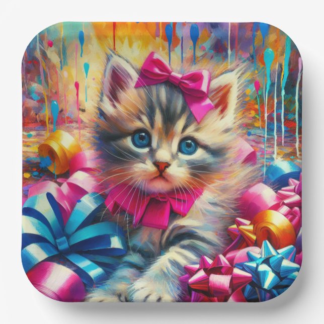 Cute Pink and Blue Kitten Girl's Birthday Paper Plates (Front)
