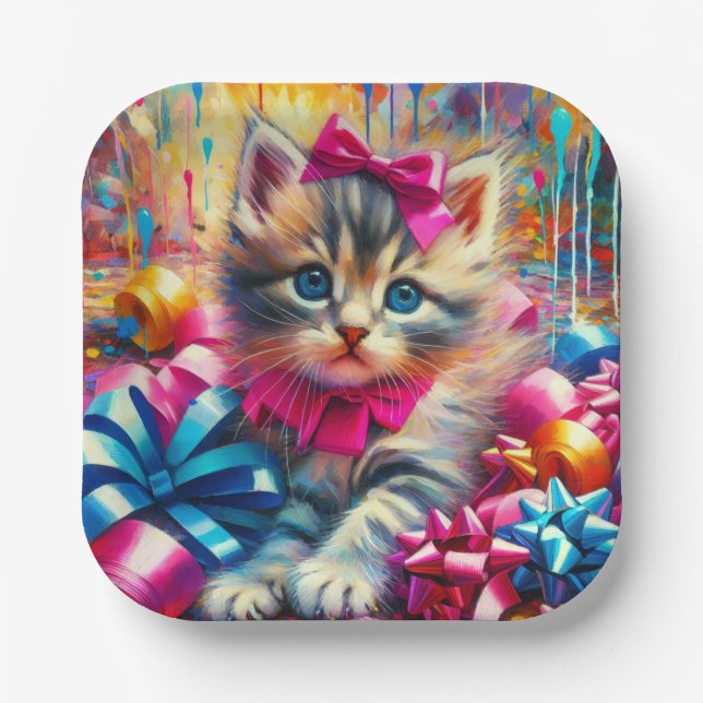 Cute Pink and Blue Kitten Girl's Birthday Paper Plates (Front)