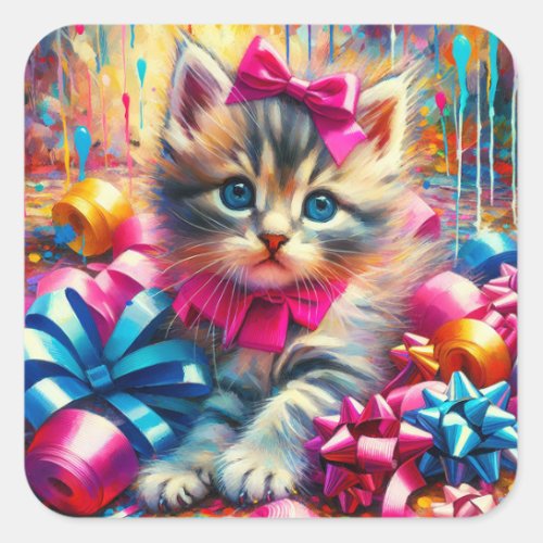 Cute Pink and Blue Kitten Girls Birthday Square Sticker