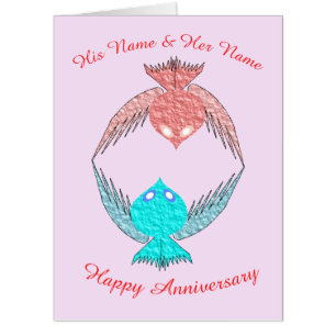 Cute Pink and Blue Love Birds Custom Anniversary Card