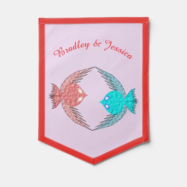 Cute Pink and Blue Love Birds Custom Pennant (Front)