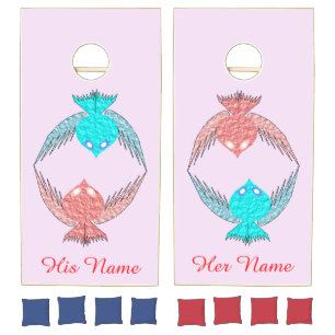 Cute Pink and Blue Love Birds Personalized Cornhole Set