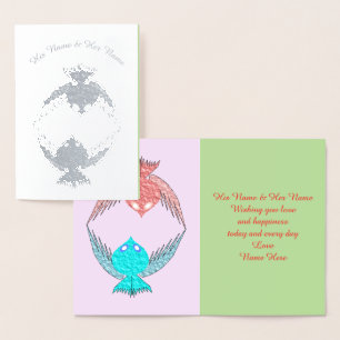 Cute Pink and Blue Love Birds Personalized Foil Card