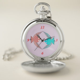 Cute Pink and Blue Love Birds Pocket Watch
