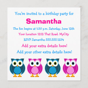 Cute Pink and Blue Owl Birthday Invitation