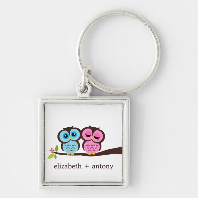 Cute Pink and Blue Owls Keychain (Front)