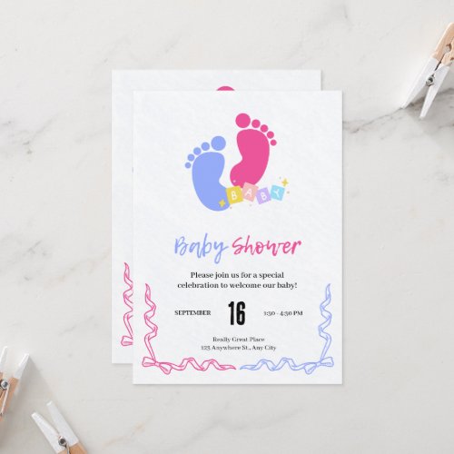 Cute Pink and Blue Pastel Baby Footprints Blocks Invitation