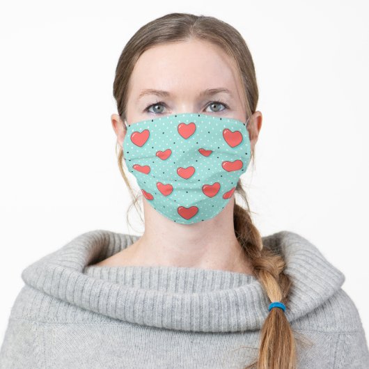 Cute Pink And Blue Polka Dot Hearts Adult Cloth Face Mask (Worn)