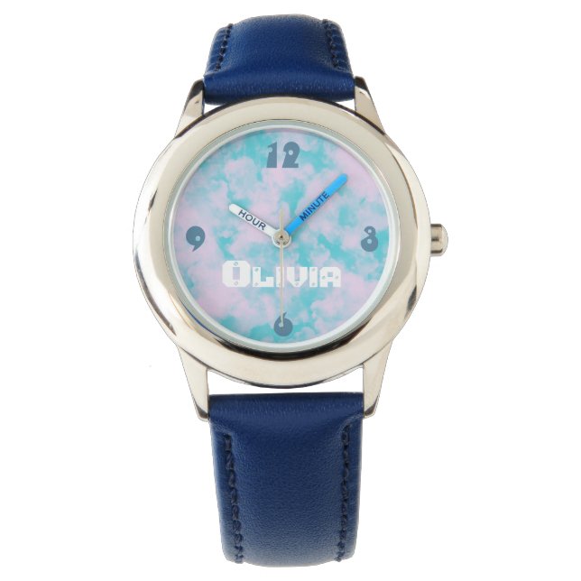 Cute Pink and Blue Sky Clouds Personalized Watch (Front)