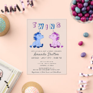 Cute Pink and Blue Unicorn Twin Baby Shower Acrylic Invitations