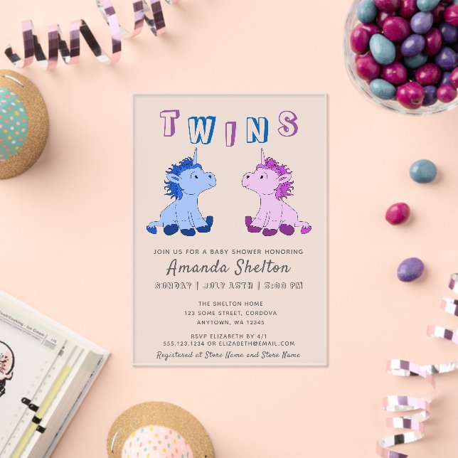 Cute Pink and Blue Unicorn Twin Baby Shower Acrylic Invitations (Insitu (Celebration))