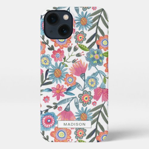 Cute pink and blue watercolor flowers folk art iPhone 13 case