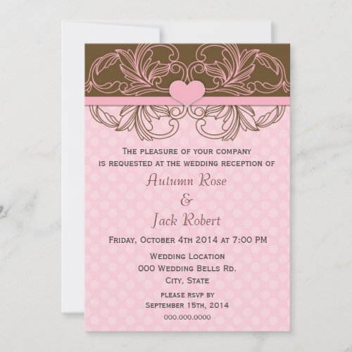 Cute Pink and Brown Wedding Reception Personalized Invitations