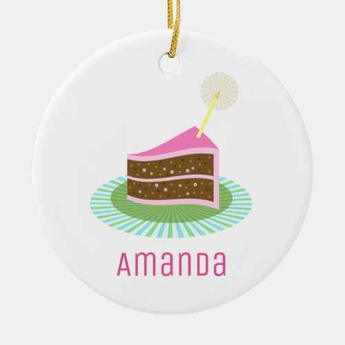 Cute Pink and Chocolate Birthday Cake Ceramic Ornament