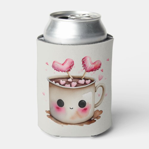 Cute Pink and Cream Watercolor Hot Chocolate Mug Can Cooler