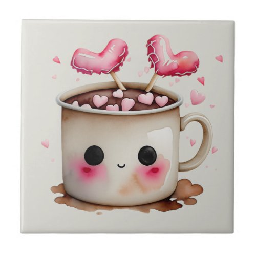 Cute Pink and Cream Watercolor Hot Chocolate Mug Ceramic Tile