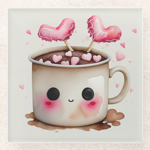 Cute Pink and Cream Watercolor Hot Chocolate Mug Glass Coaster