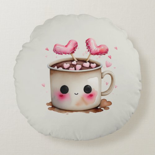 Cute Pink and Cream Watercolor Hot Chocolate Mug Round Pillow