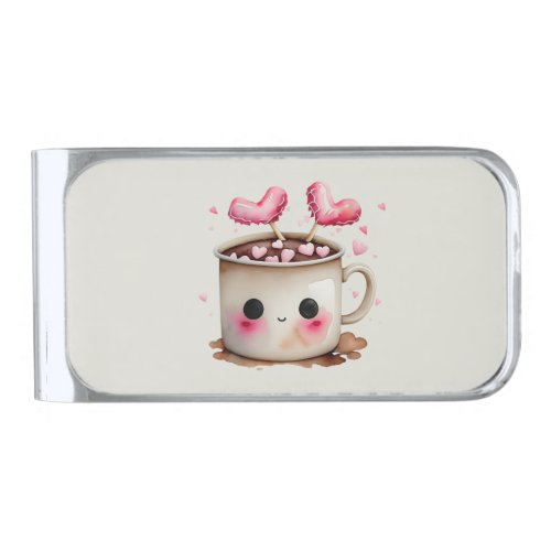 Cute Pink and Cream Watercolor Hot Chocolate Mug Silver Finish Money Clip