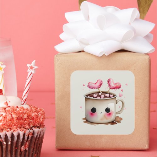 Cute Pink and Cream Watercolor Hot Chocolate Mug Square Sticker
