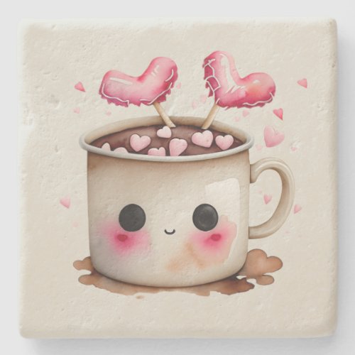 Cute Pink and Cream Watercolor Hot Chocolate Mug Stone Coaster