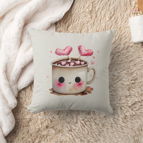 Cute Pink and Cream Watercolor Hot Chocolate Mug Throw Pillow