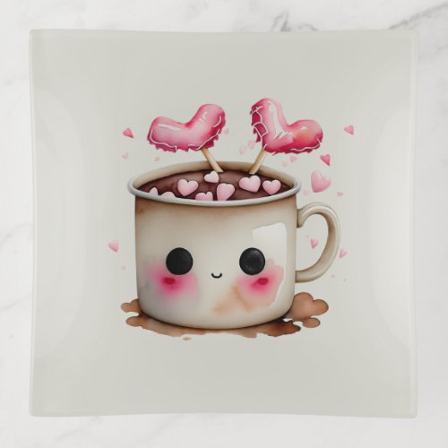 Cute Pink and Cream Watercolor Hot Chocolate Mug Trinket Tray