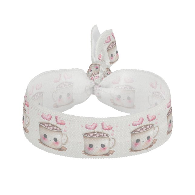 Cute Pink and Cream Watercolor Hot Cocoa Love Elastic Hair Tie (Front)