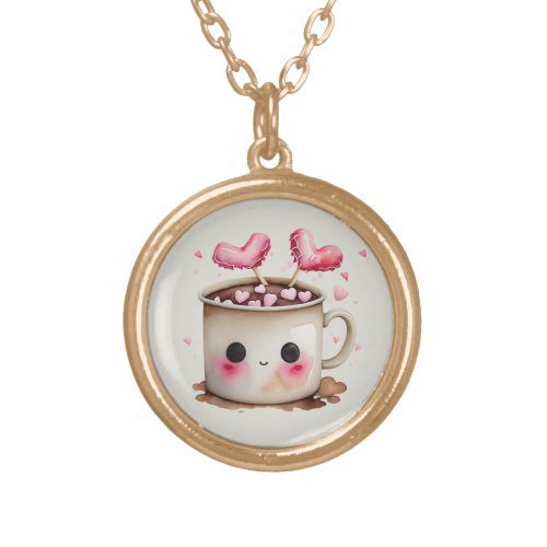 Cute Pink and Cream Watercolor Hot Cocoa Mug Gold Plated Necklace
