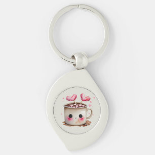 Cute Pink and Cream Watercolor Hot Cocoa Mug Keychain