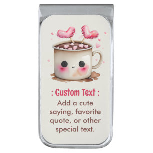 Cute Pink and Cream Watercolor Hot Cocoa Mug Silver Finish Money Clip